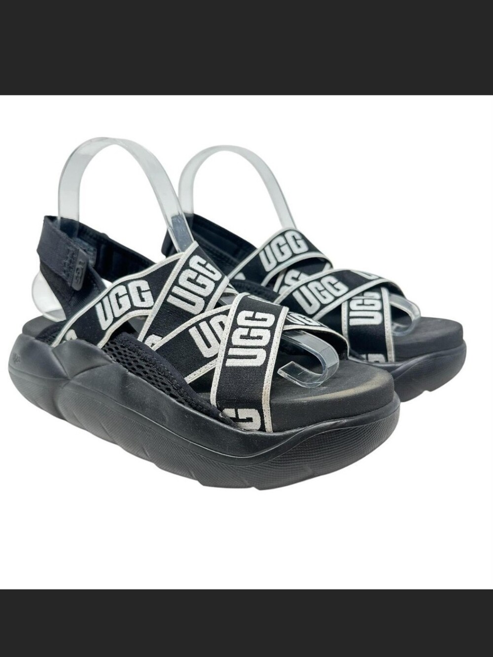 UGG La Cloud Black and White Logo Strap Platform Sandals